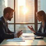 Un professionnel confiant discute avec un conseiller bancaire dans un bureau moderne