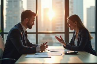 Un professionnel confiant discute avec un conseiller bancaire dans un bureau moderne