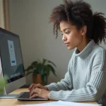 Femme se connectant à la plateforme Playiad IAD sur un ordinateur portable dans un bureau à domicile