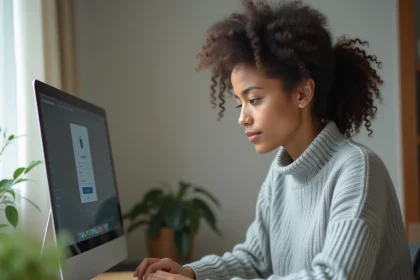 Femme se connectant à la plateforme Playiad IAD sur un ordinateur portable dans un bureau à domicile