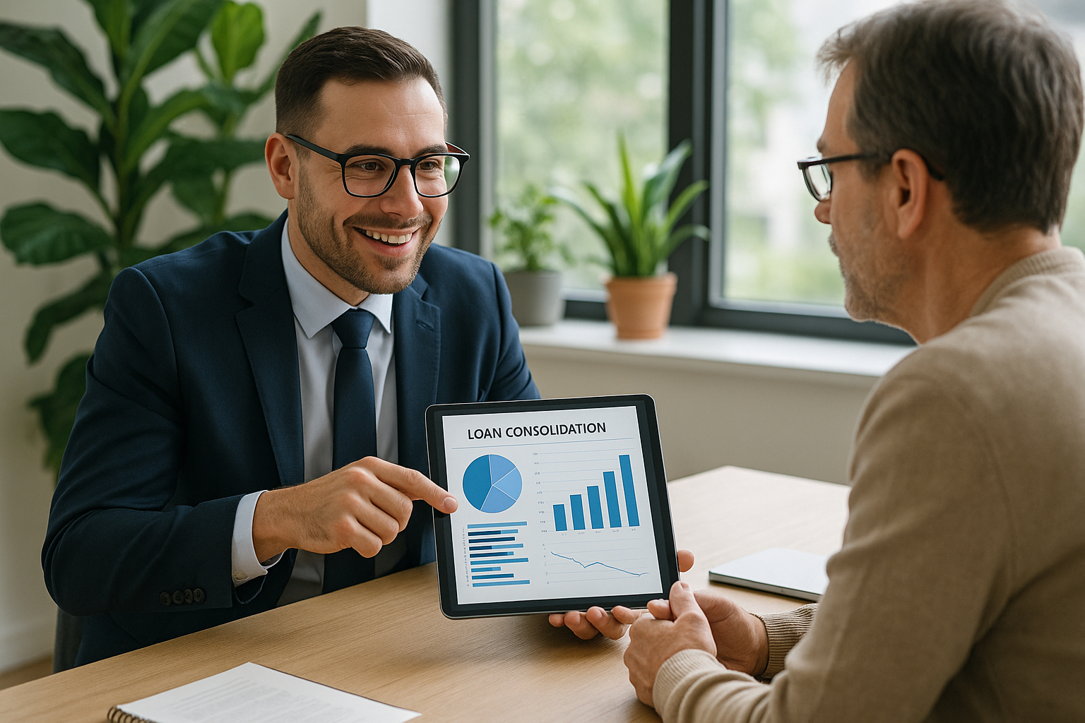 Conseiller financier montrant un graphique de prêt sur tablette
