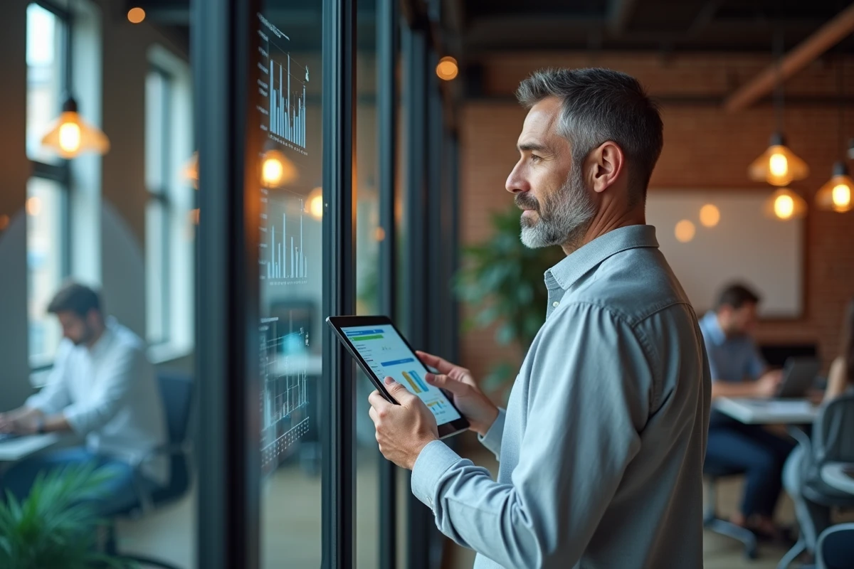Conseiller immobilier IAD gérant ses mandats sur tablette dans un espace de coworking professionnel