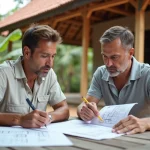 Expatrié occidental et entrepreneur thaïlandais examinant les plans d'une maison en construction en Thaïlande pour un budget de 7000 euros
