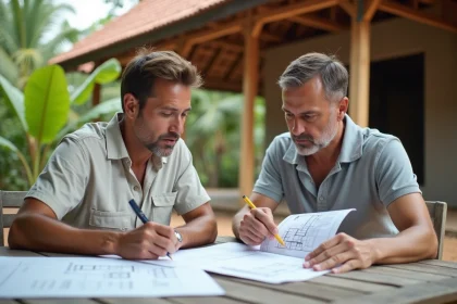 Expatrié occidental et entrepreneur thaïlandais examinant les plans d'une maison en construction en Thaïlande pour un budget de 7000 euros