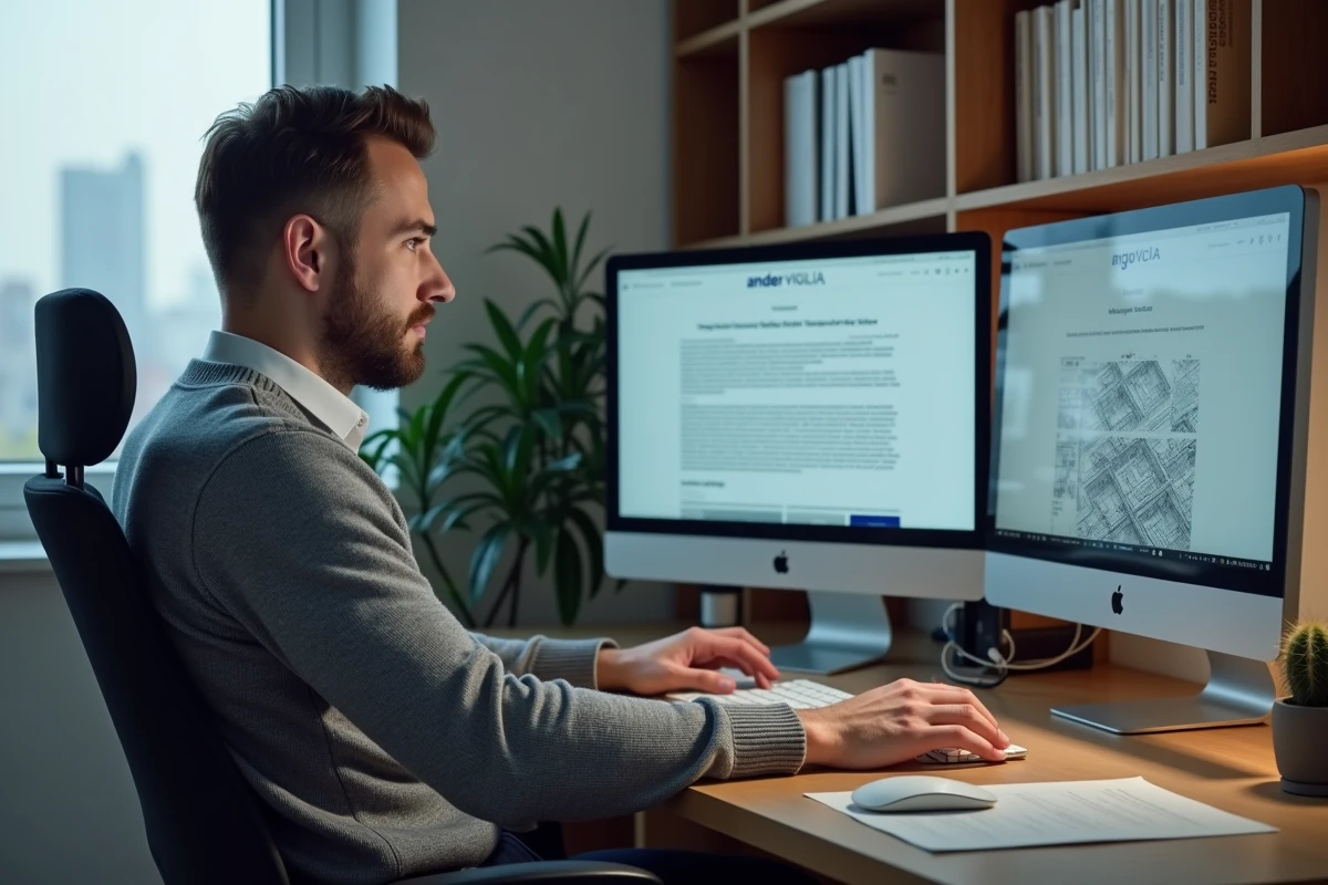 Consultant en sécurité analysant le blog Vigilia sur un double écran dans un bureau à domicile pour préparer une proposition à des copropriétaires