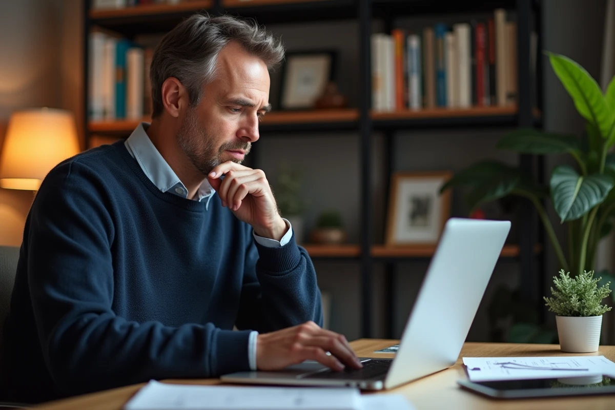 Homme consultant des avis en ligne sur un investissement immobilier depuis son bureau à domicile