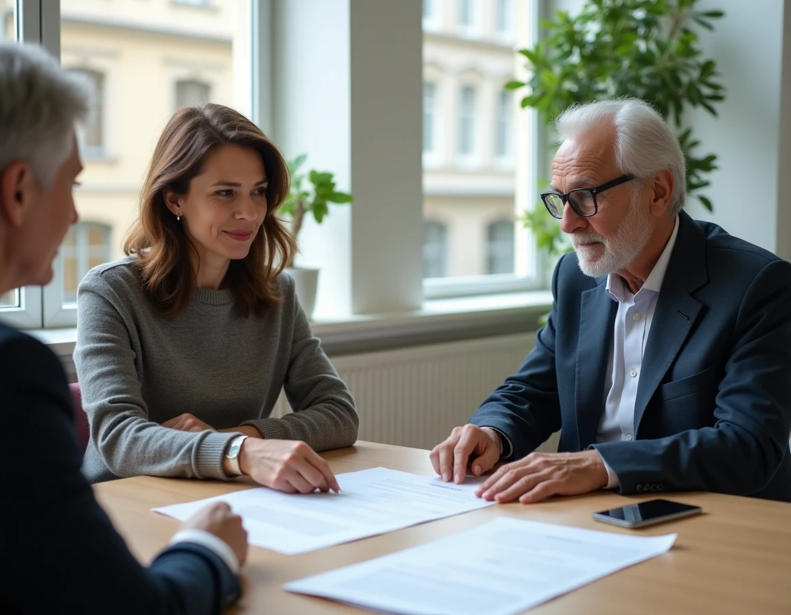 Famille consultant un notaire à Limoges pour régler une succession, examinant des documents officiels ensemble