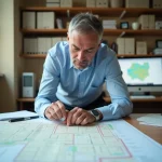 Un homme consulte un plan cadastral sur un bureau en bois pour identifier le propriétaire d'une parcelle sans adresse connue