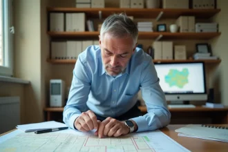 Un homme consulte un plan cadastral sur un bureau en bois pour identifier le propriétaire d'une parcelle sans adresse connue