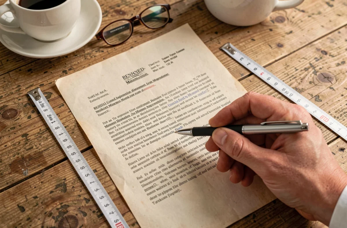 Gros plan sur un contrat de bail étudiant avec un mètre ruban posé sur la table, illustrant la réglementation sur la superficie minimale