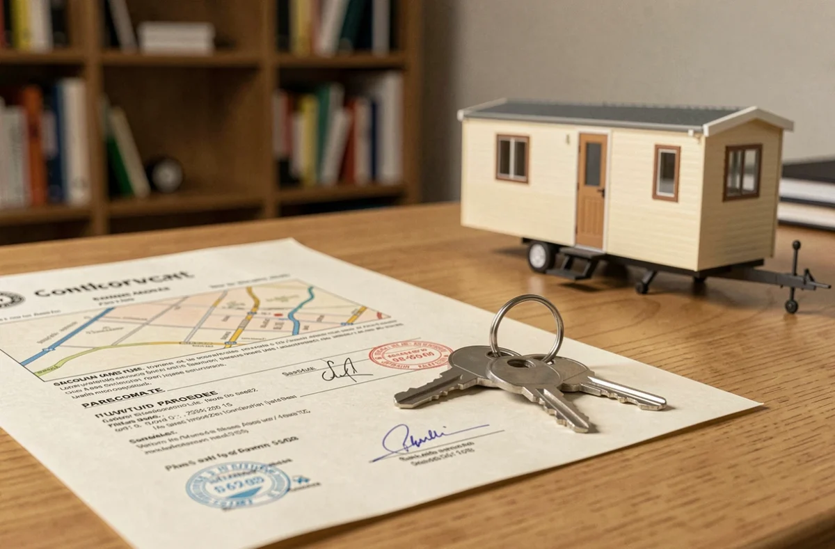 Contrat de vente, plan de parcelle et clés posés sur un bureau pour l'achat d'un terrain avec mobil-home