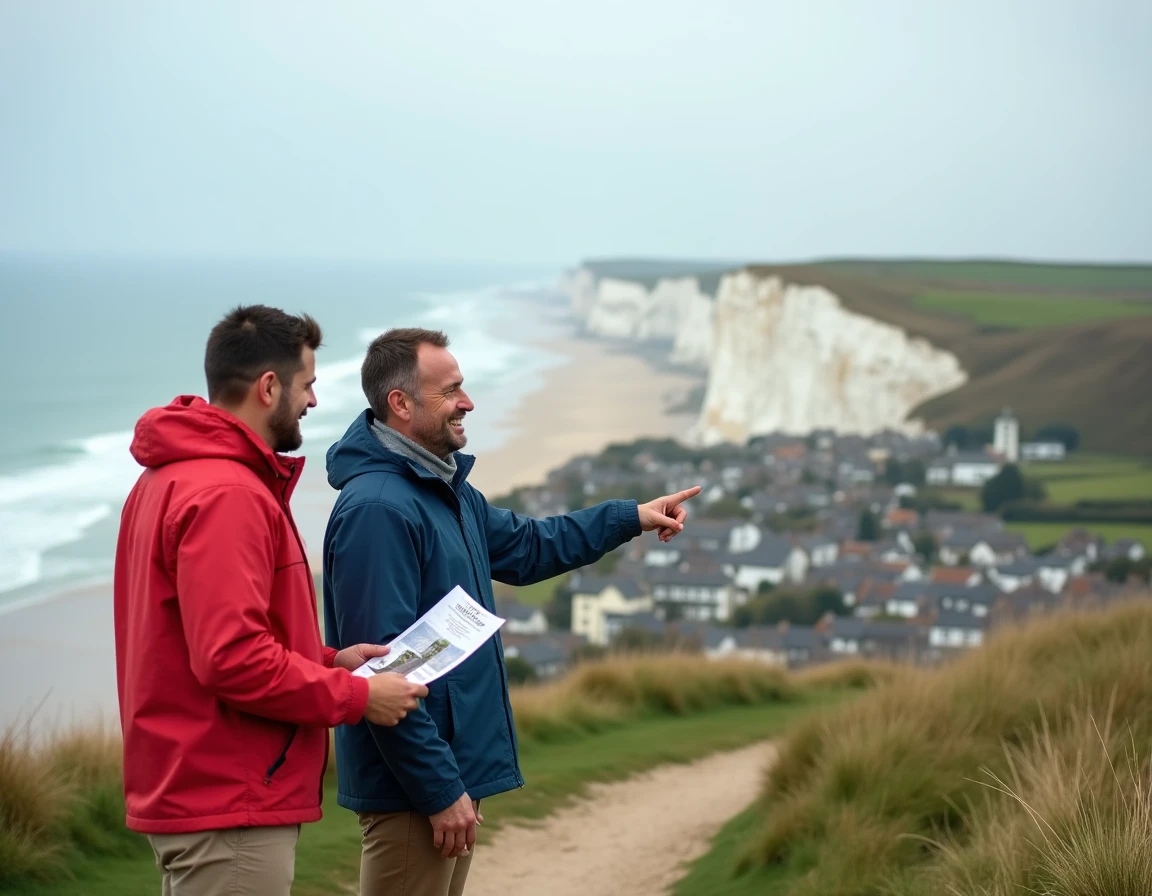 Couple cherchant à acheter une maison en bord de mer en Normandie avec brochure immobilière