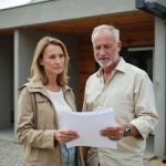 Couple examinant des documents devant une maison construite par un particulier sans garantie décennale