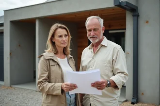 Couple examinant des documents devant une maison construite par un particulier sans garantie décennale
