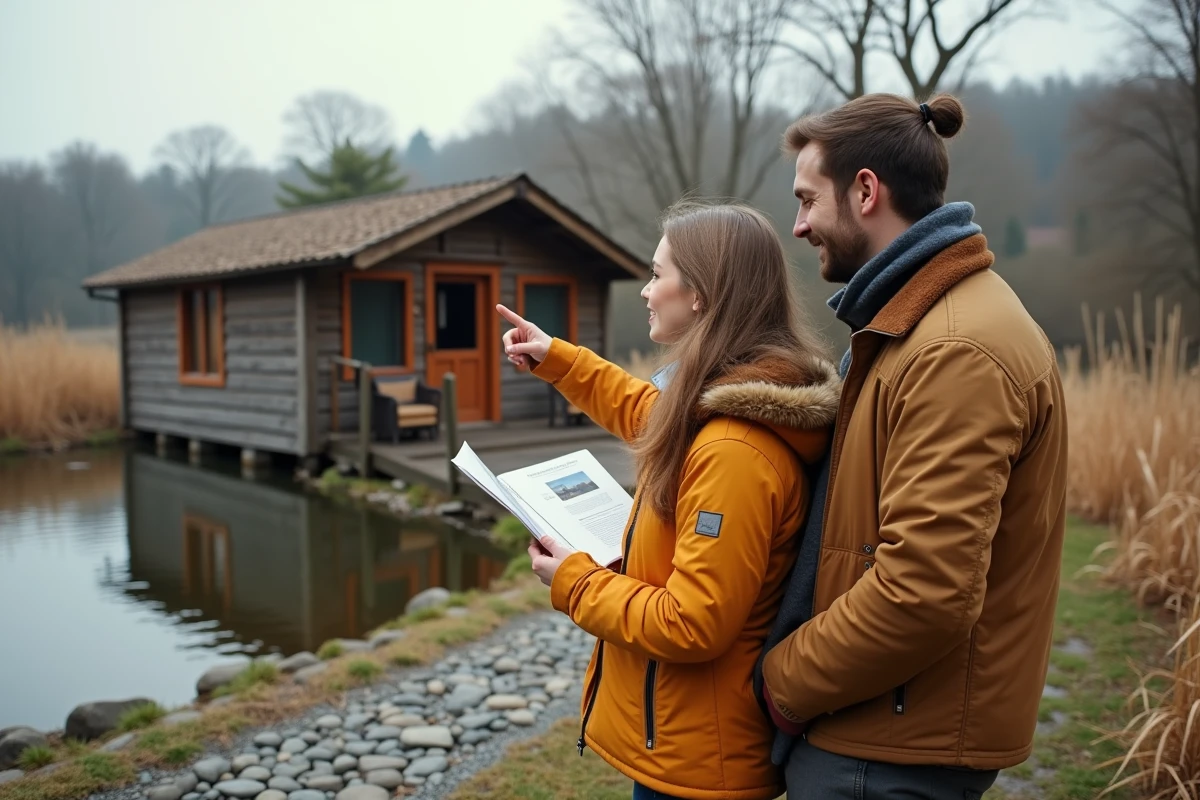 Jeune couple examine une cabane au bord de la rivière