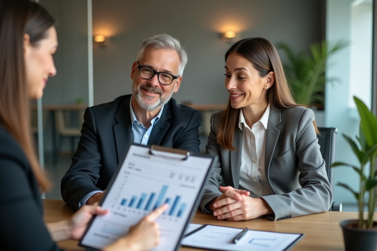Couple discutant avec conseiller bancaire sur prêt immobilier