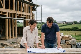 Couple de futurs propriétaires consultant des plans devant leur maison en construction en Ille-et-Vilaine