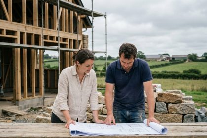 Couple de futurs propriétaires consultant des plans devant leur maison en construction en Ille-et-Vilaine