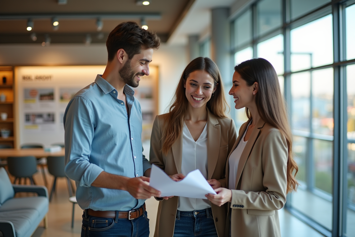 Jeune couple discutant avec un agent immobilier dans une agence