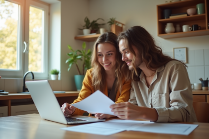 Jeune couple à la maison vérifiant des papiers avec un ordinateur