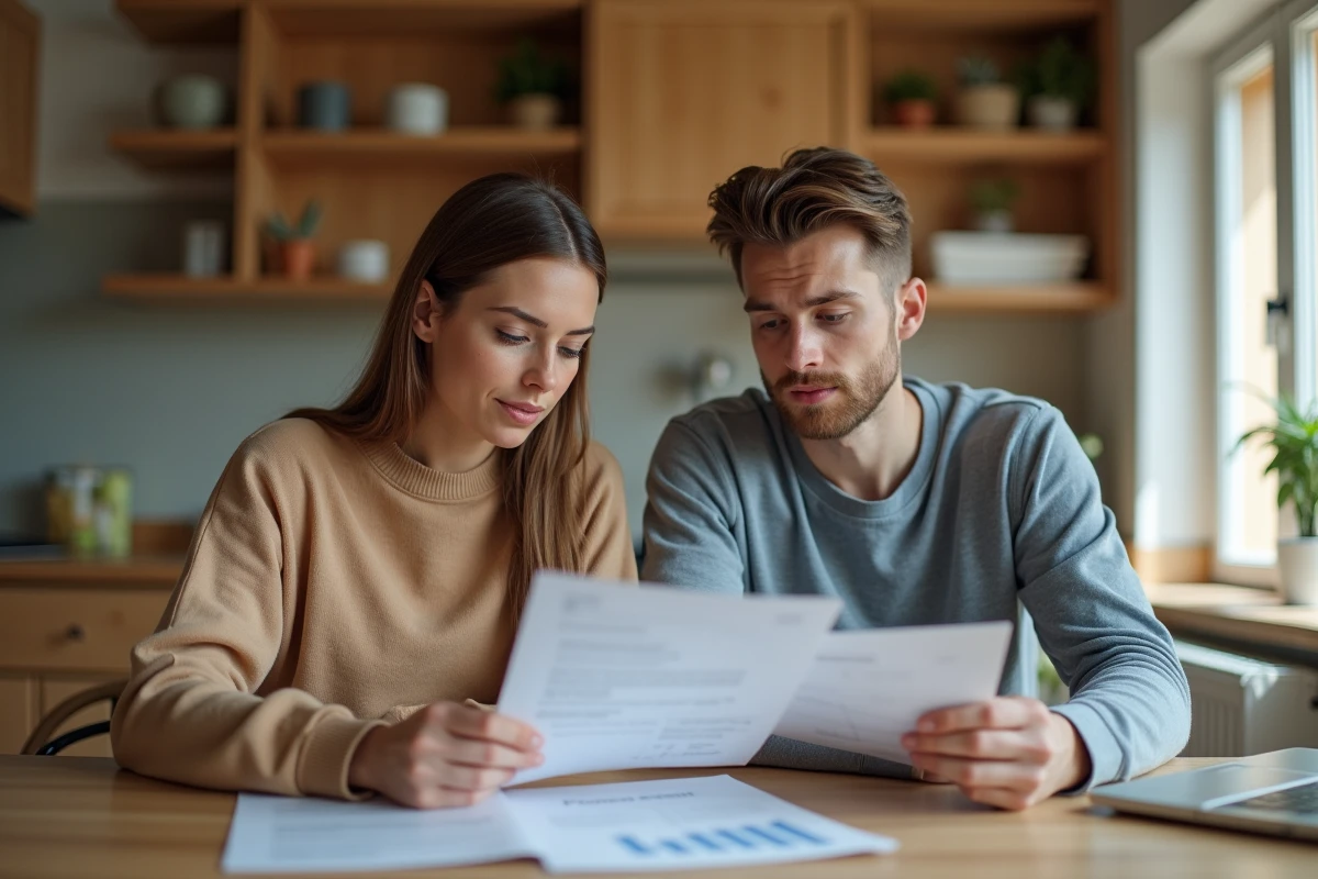 Jeune couple examinant des documents de prêt immobilier à la maison