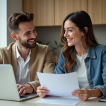 Jeune couple souriant examinant des documents de prêt immobilier