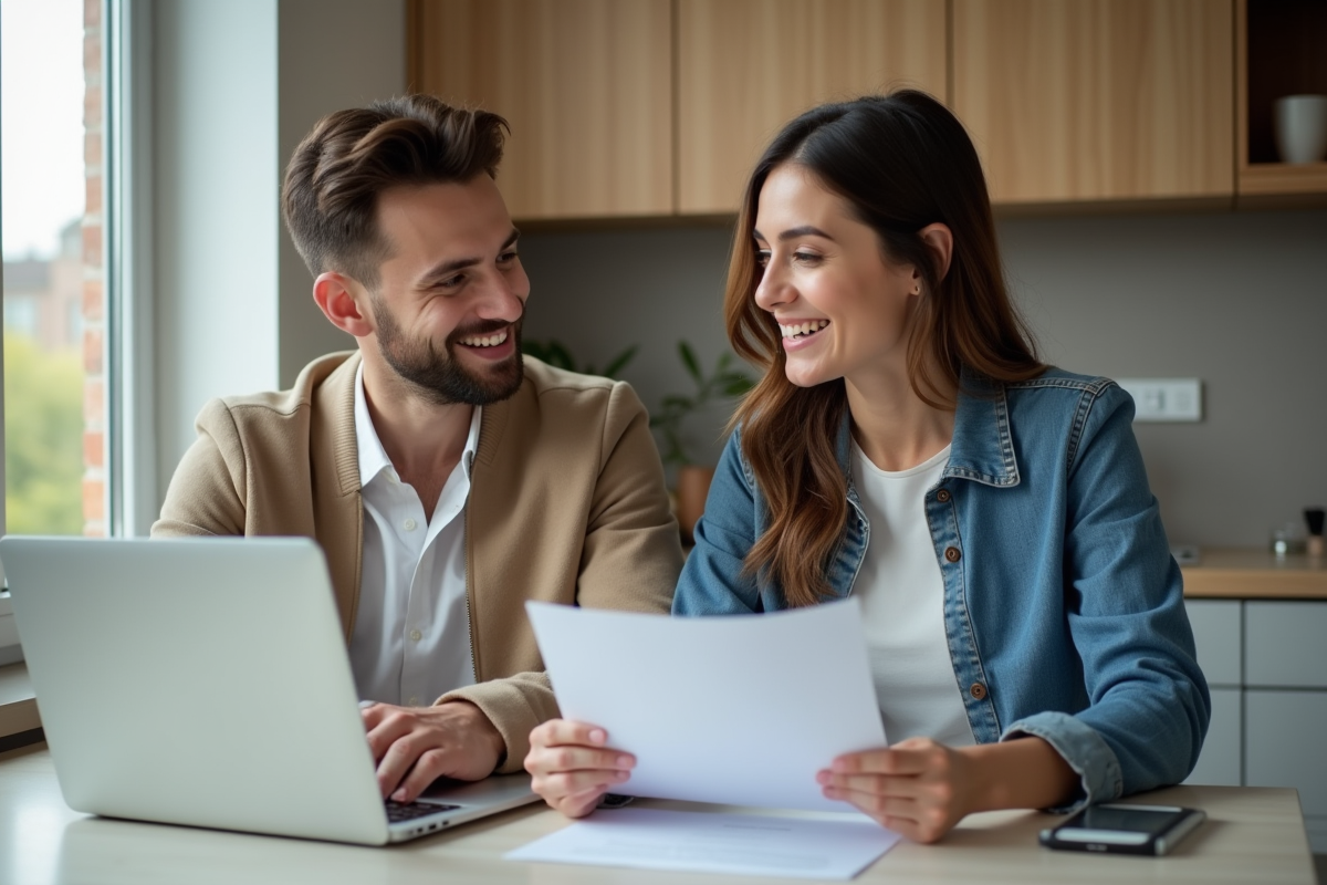 Jeune couple souriant examinant des documents de prêt immobilier