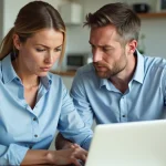 Couple d'adultes examinant un ordinateur dans une cuisine moderne