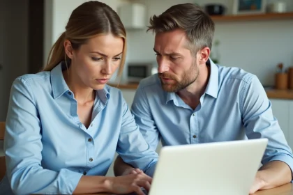 Couple d'adultes examinant un ordinateur dans une cuisine moderne