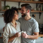 Couple partageant un café dans la cuisine compacte d'un T2 aménagé avec soin