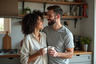 Couple partageant un café dans la cuisine compacte d'un T2 aménagé avec soin