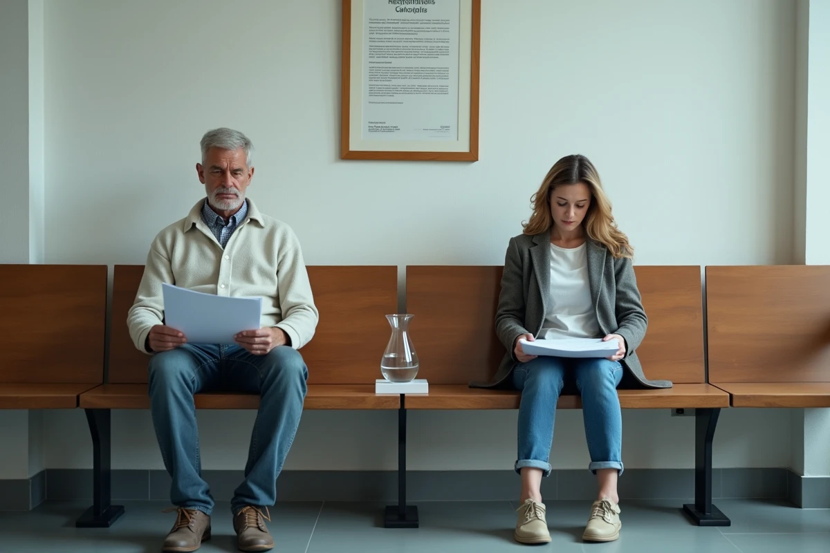 Couple en attente chez le notaire lors d'une vente immobilière suite à un divorce dans la Manche