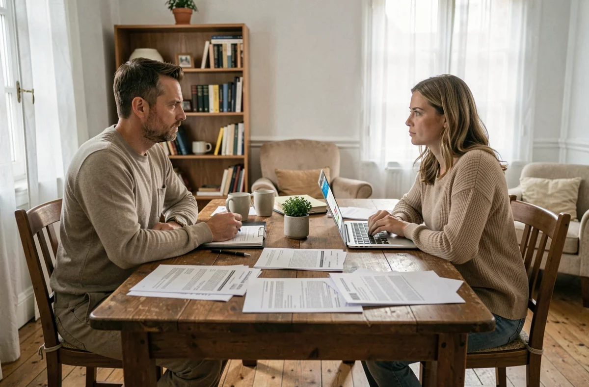 Couple en train de consulter des documents immobiliers pour fixer le prix de vente de leur maison lors d'un divorce