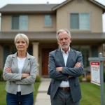 Couple en instance de divorce devant leur maison à vendre avec panneau immobilier