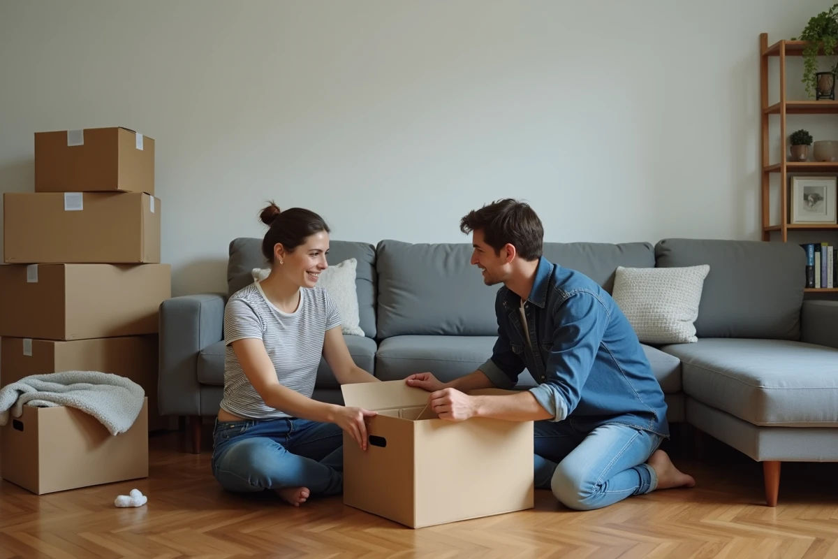 Couple emménageant ensemble dans un petit appartement T2 en train de déballer des cartons