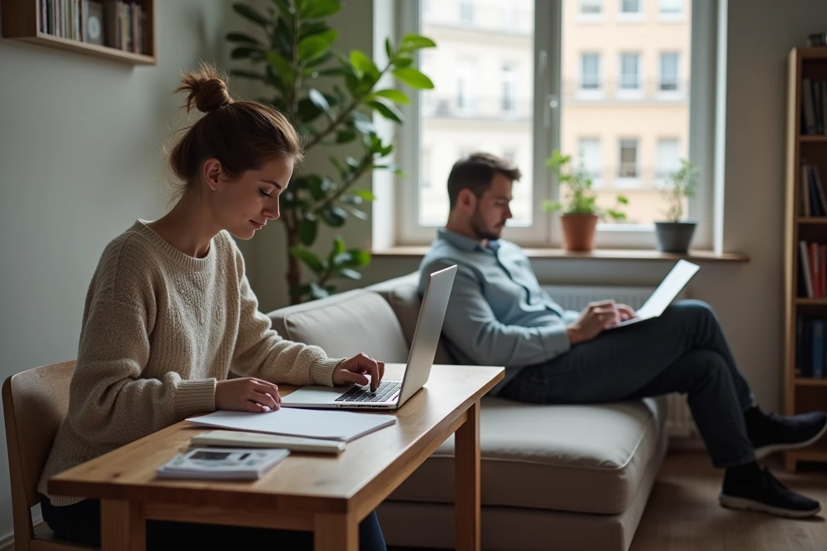 Couple vivant dans un T2 partageant un espace salon-chambre pour travailler et se reposer