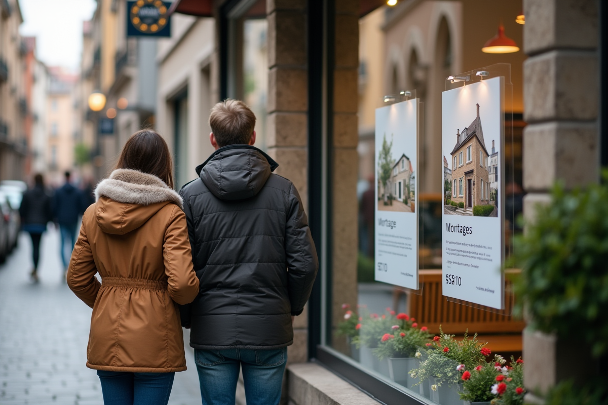 Couple regardant affiches de taux hypothécaires en rue