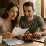 Jeune couple à la cuisine avec documents et ordinateur