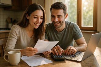 Jeune couple à la cuisine avec documents et ordinateur