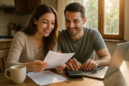 Jeune couple à la cuisine avec documents et ordinateur