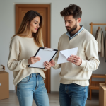 Jeune couple organisant leur déménagement dans un salon lumineux