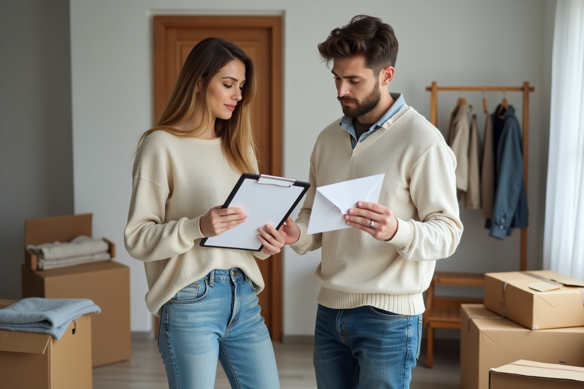 Jeune couple organisant leur déménagement dans un salon lumineux