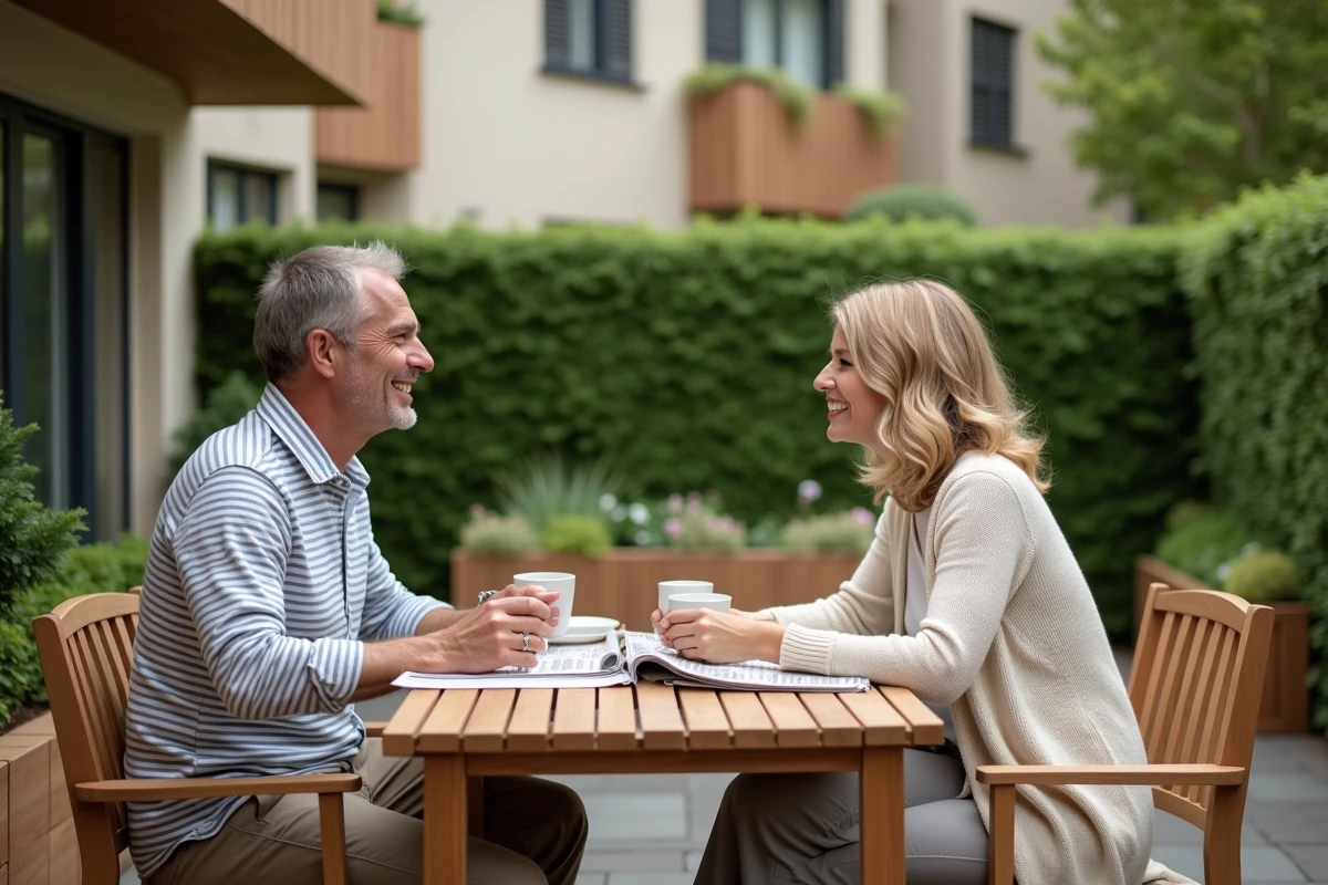 Couple prenant le petit-déjeuner dans le jardin privatif d'un appartement T3 en rez-de-jardin, atmosphère calme et résidentielle