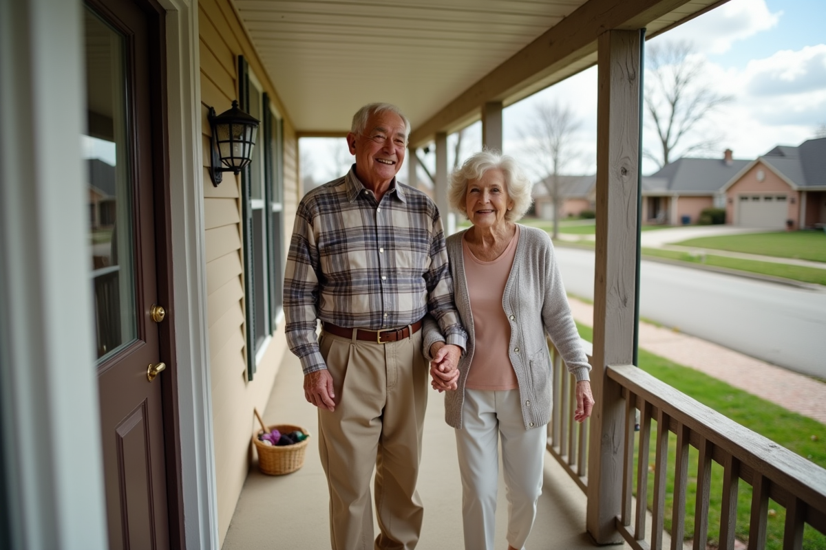 Couple âgé souriant sur leur porche devant leur maison