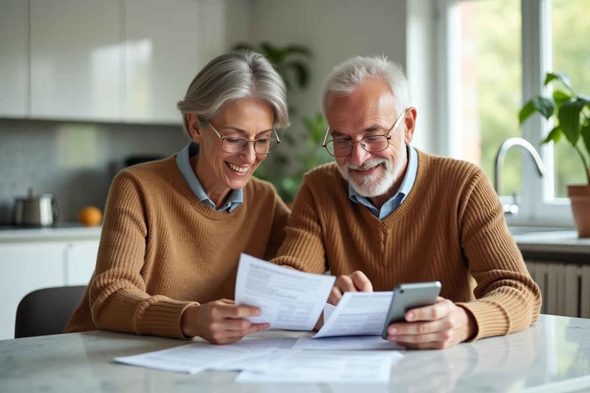 Couple de propriétaires bailleurs consultant leurs relevés de gestion locative Nexity à la table de leur cuisine