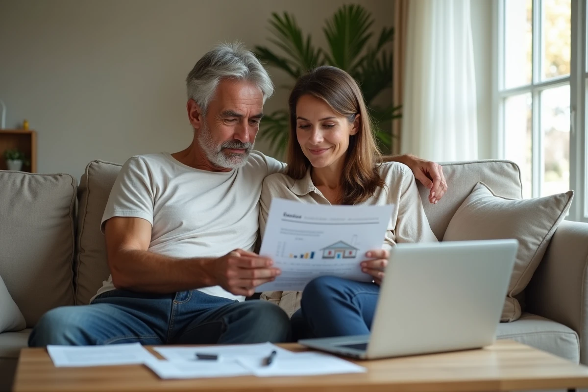 Couple étudiant un rapport d'estimation immobilière imprimé et en ligne avant de contacter un agent