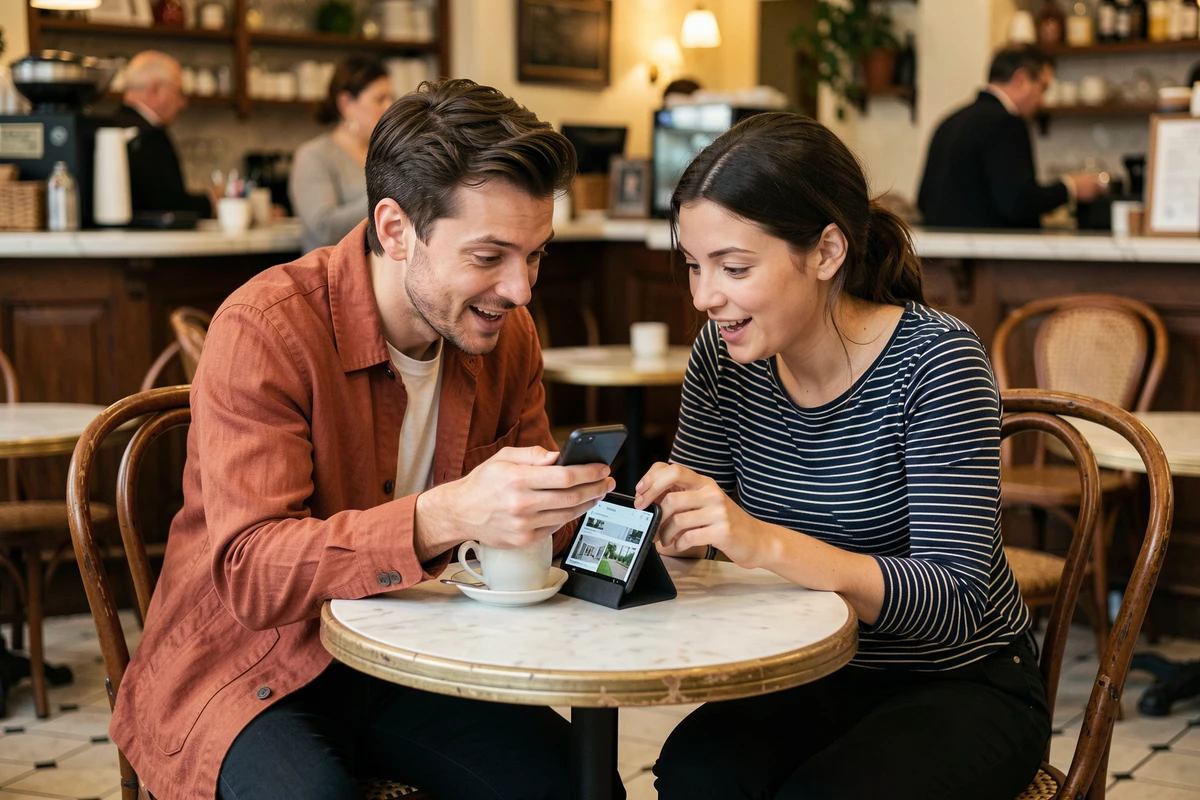 Couple consultant des annonces de logement sur mobile dans un café parisien pour trouver un appartement à louer