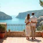 Couple admirant la vue mer depuis la terrasse d'une maison côtière méditerranéenne avec rambarde en fer forgé et carrelage en terre cuite