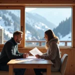 Couple examinant un contrat de vente d'appartement avec vue panoramique sur les pistes enneigées des Menuires