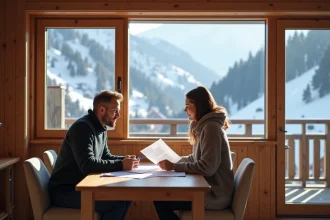 Couple examinant un contrat de vente d'appartement avec vue panoramique sur les pistes enneigées des Menuires